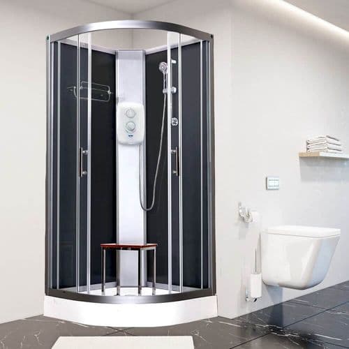 Vidalux Pure-E Black  900mm x 900mm Quadrant Shower Pod Cubicle Cabin With Electric Shower